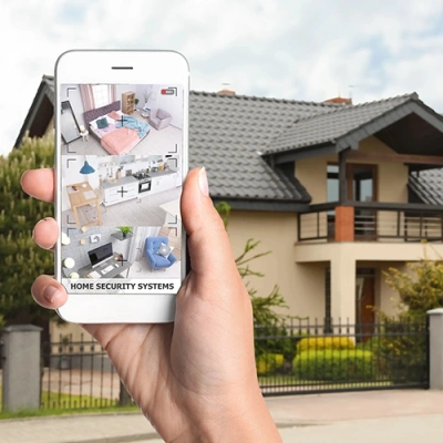 New York City vivint phone display of cctv live feed in front of a house